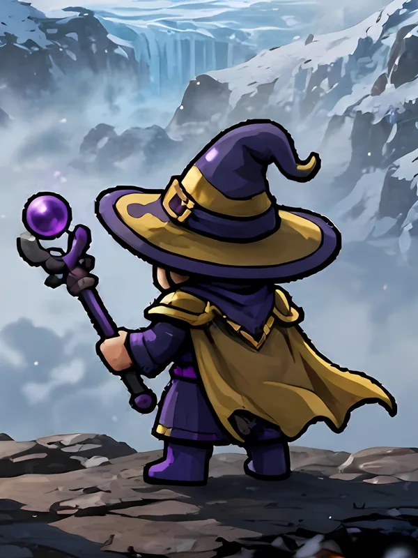 Retrato: un mago de sombrero morado y capa dorada con un bastón.