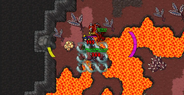 Captura del juego: demonios atacan al jugador entre ríos de lava en Hellview.