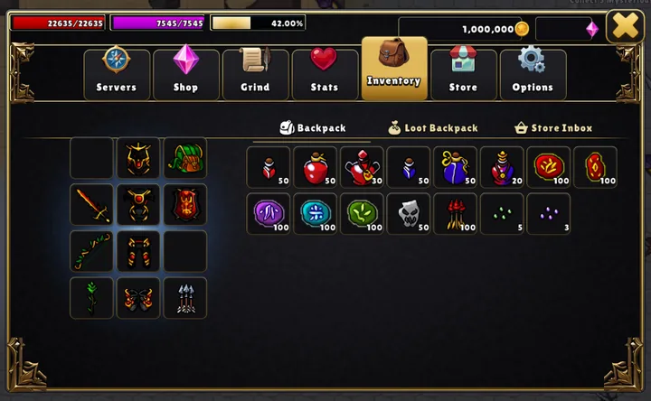 Captura del juego: el inventario con el equipo puesto y la mochila llena de pociones, runas y objetos.