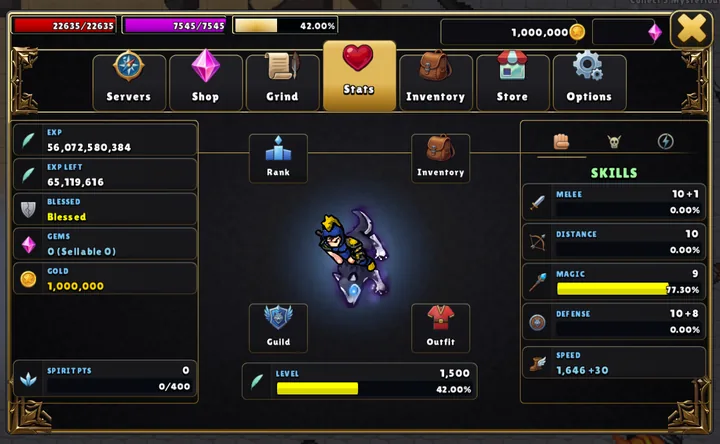 Captura del juego: el menú del personaje con su nivel, experiencia y habilidades, con marcos de piedra y oro.